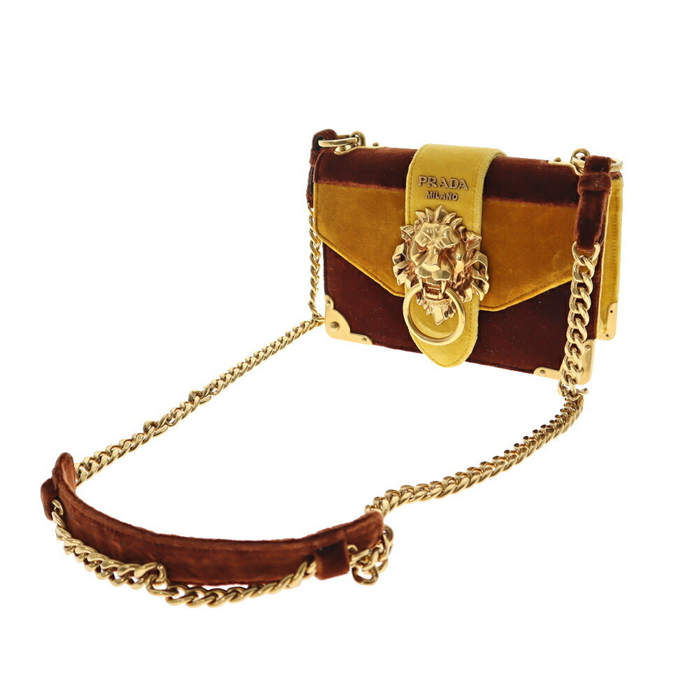 Prada Chain Shoulder Bag Velvet Yellow Brown - Picture 4 of 9